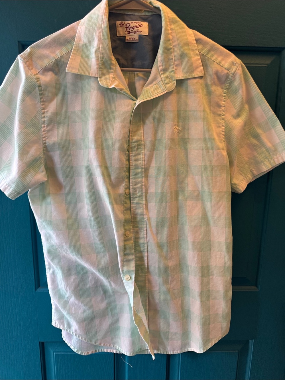 Original Penguin Men’s Short Sleeve Plaid Button-Down - Light Green & White M